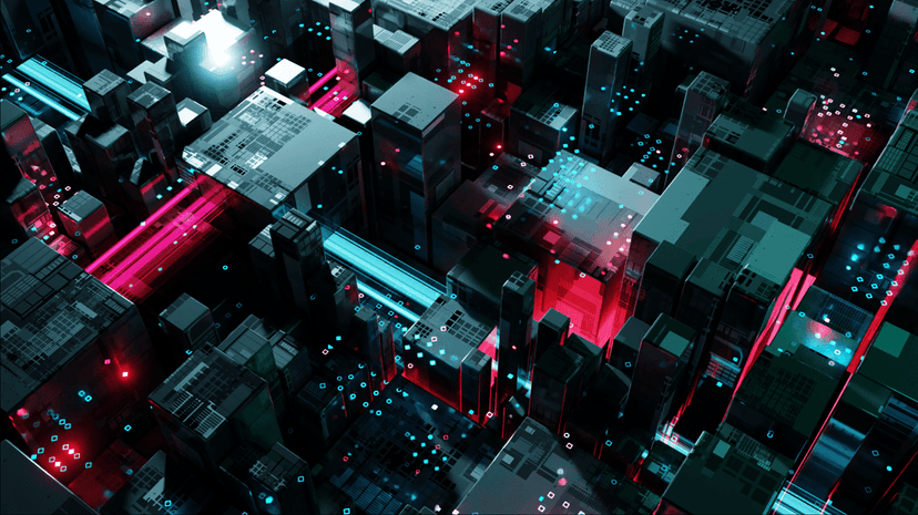 Urban skyscraper digital art features glowing neon lights and sharp 3D geometric architecture in a dark city.
