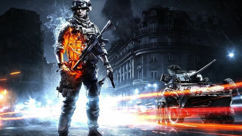 Soldier in combat gear stands near an armored vehicle with orange light trails in a dark urban street.