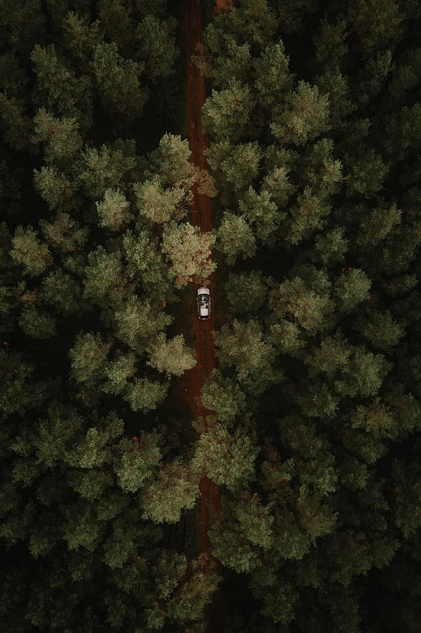 White car driving on a narrow dirt road surrounded by a dense green pine forest from a top-down aerial perspective.