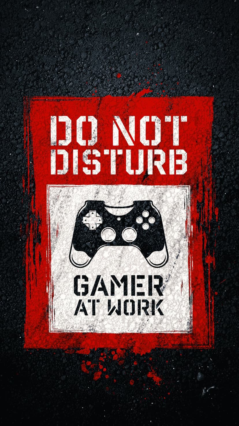 Game controller silhouette on a white distressed sign with red borders and a dark asphalt textured background.