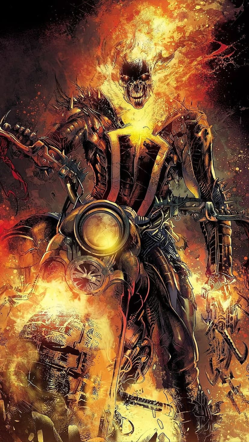 Skeletal rider with a burning skull drives a gothic motorcycle surrounded by swirling embers and thick smoke.