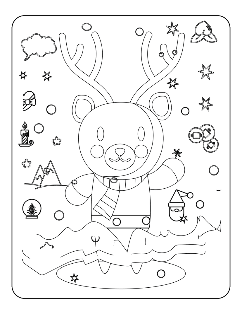 Reindeer coloring page featuring a character with a scarf and antlers surrounded by a snow globe and stars.