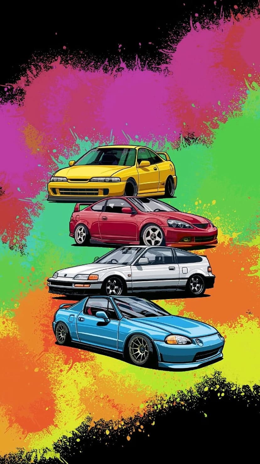 Yellow, red, white, and blue Japanese sports cars stacked vertically over a vibrant, multi-colored paint splash.