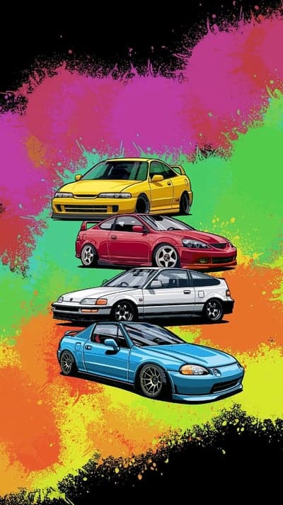 JDM Cars Stacked on Colorful Paint Splatter