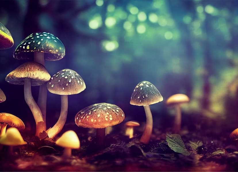 Bioluminescent mushrooms glow with blue light on a mossy floor amidst soft bokeh orbs in a dark twilight forest.