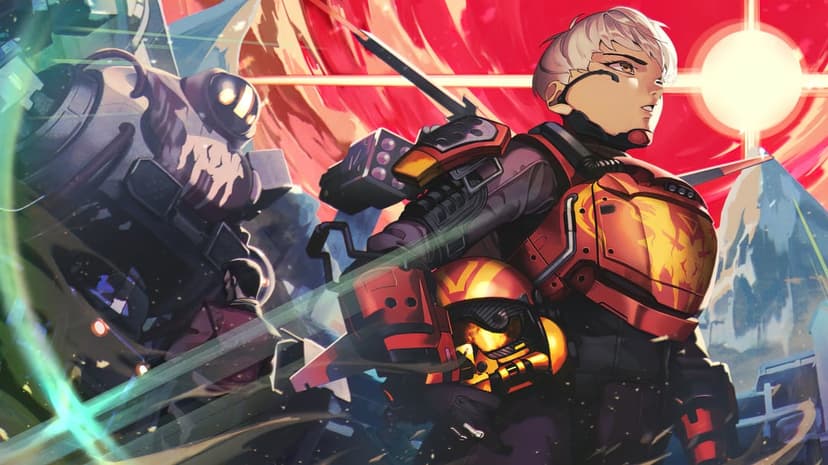 Valkyrie in red flight armor holding a yellow helmet with a Northstar Titan and red sunlit sky background.