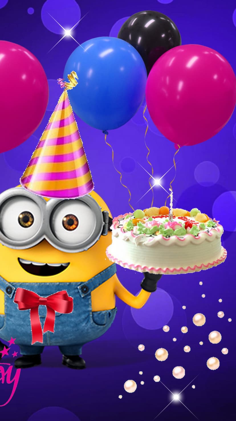 Yellow Minion character wearing a party hat holds a birthday cake surrounded by colorful floating balloons.