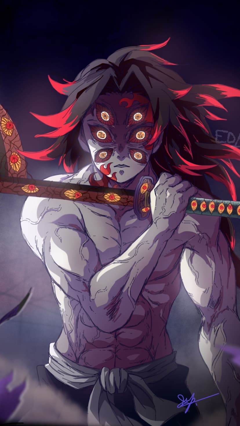 Kokushibo with six eyes and a purple kimono holds a jagged Nichirin sword against a dark, shadowy background.