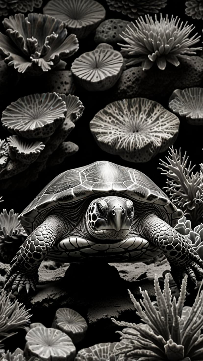 Sea turtle with detailed scaly skin rests near fan corals on a rocky seafloor in monochrome tones.