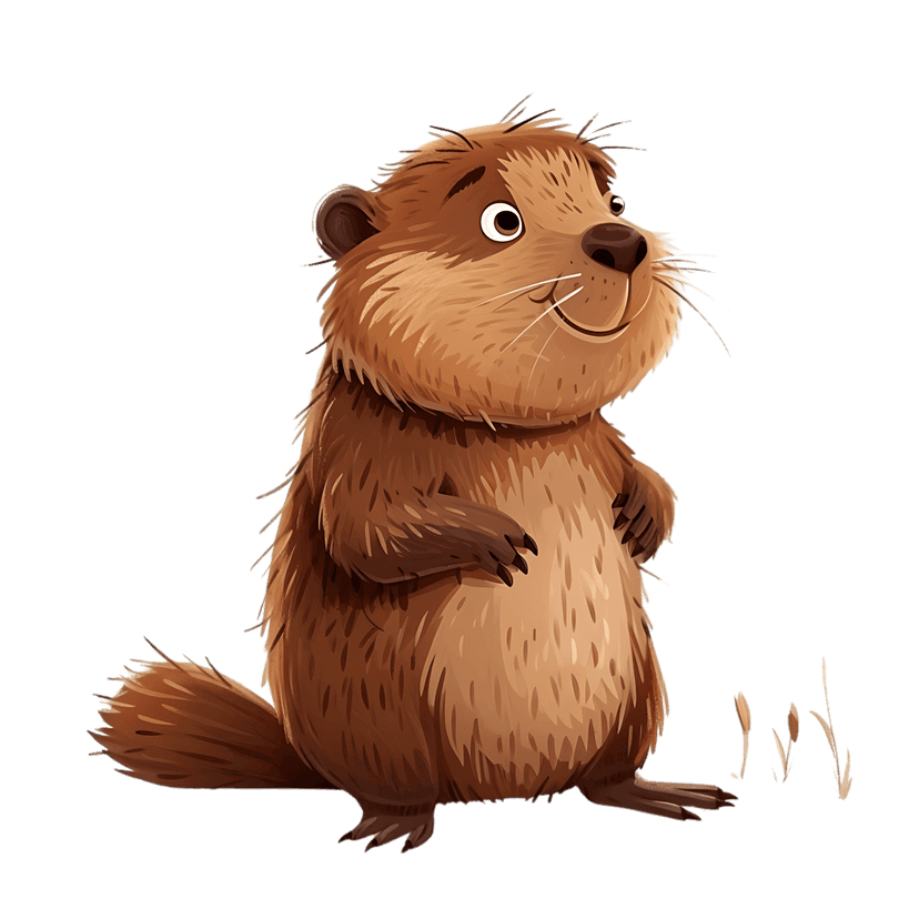 Beaver illustration with brown fur and large buck teeth standing near reeds on a dark background in cartoon style.
