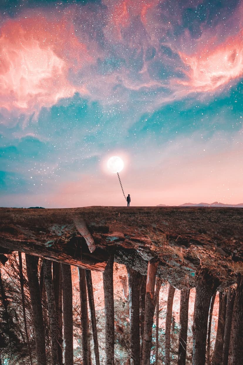 Person on a cliff edge holds a ladder toward a glowing moon above an inverted forest and swirling pink clouds.