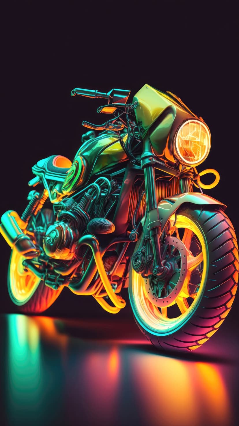 Cyberpunk motorcycle with glowing yellow wheels and orange metallic bodywork against a black background.