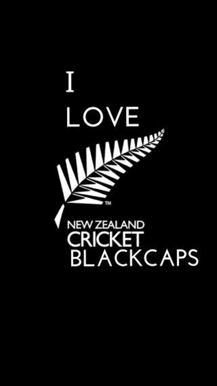 White silver fern leaf logo with I Love New Zealand Cricket Blackcaps text on a solid black vertical background.