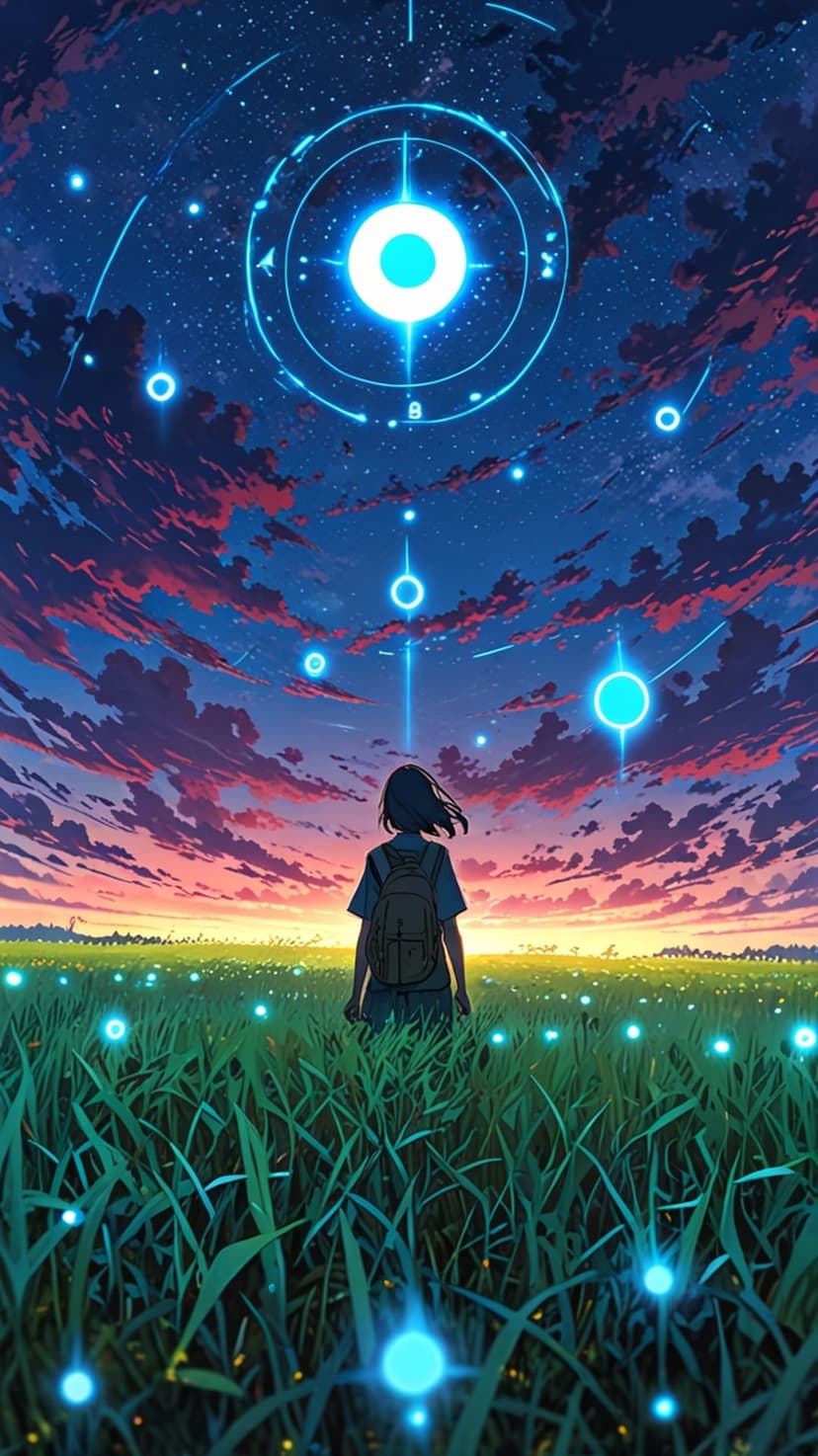 Girl with a backpack stands in a grassy field with glowing blue spheres under a swirling cosmic night sky.