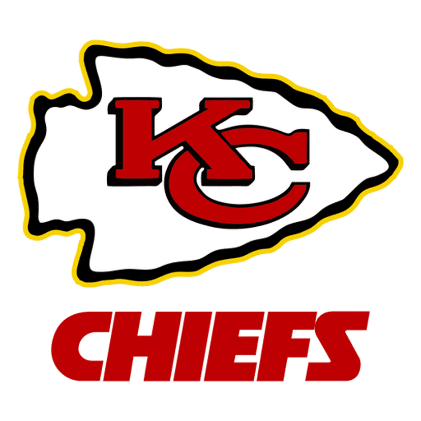 Kansas City Chiefs logo featuring a red arrowhead shape with black interlocking letters and a bold white border.