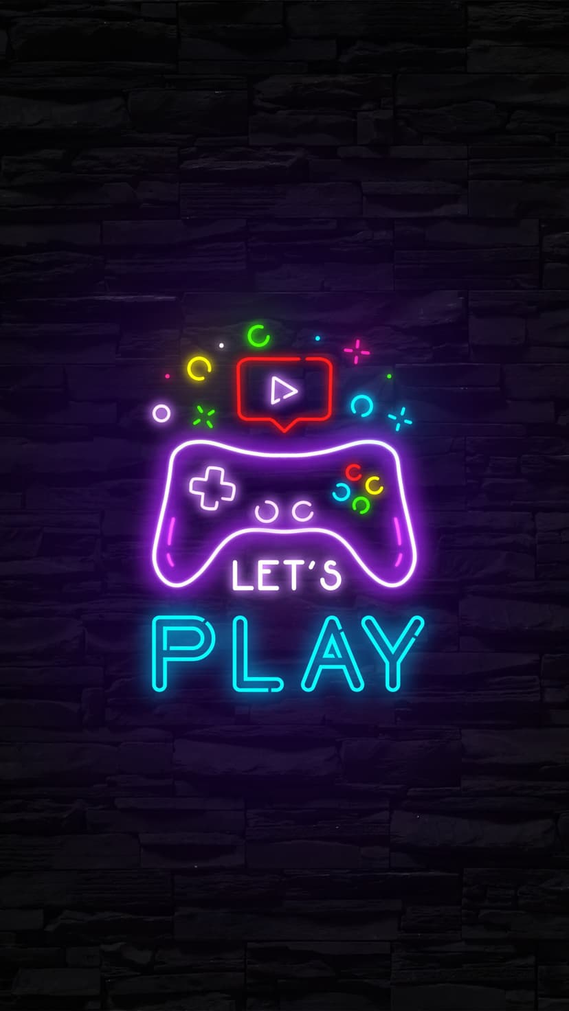 Blue neon Let's Play sign and purple game controller outline glowing against a dark, textured brick wall surface.