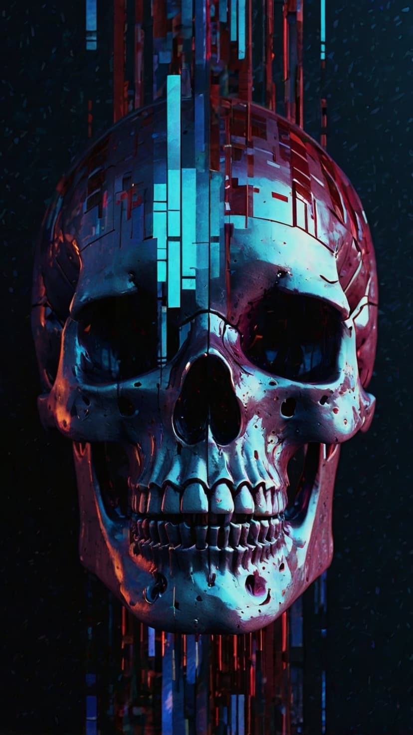 Polished chrome skull with red and blue neon glitch effects and digital shards against a dark backdrop.