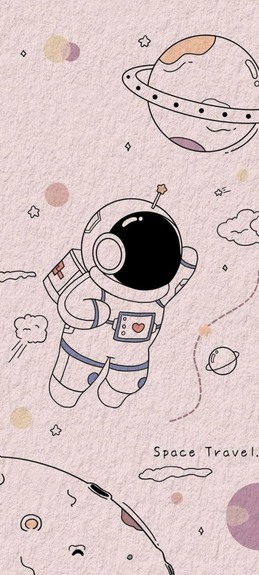 Astronaut floating in a pink pastel galaxy with a ringed planet, fluffy clouds, and Space Travel text.