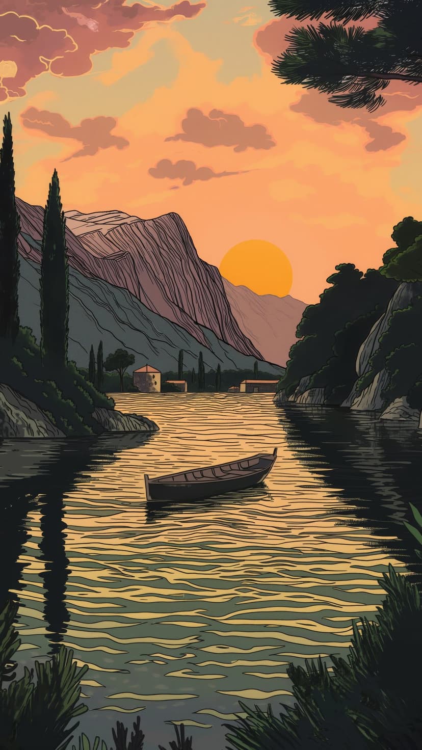 Wooden rowboat on a calm lake at sunset with distant mountains and cypress tree silhouettes framing the view.