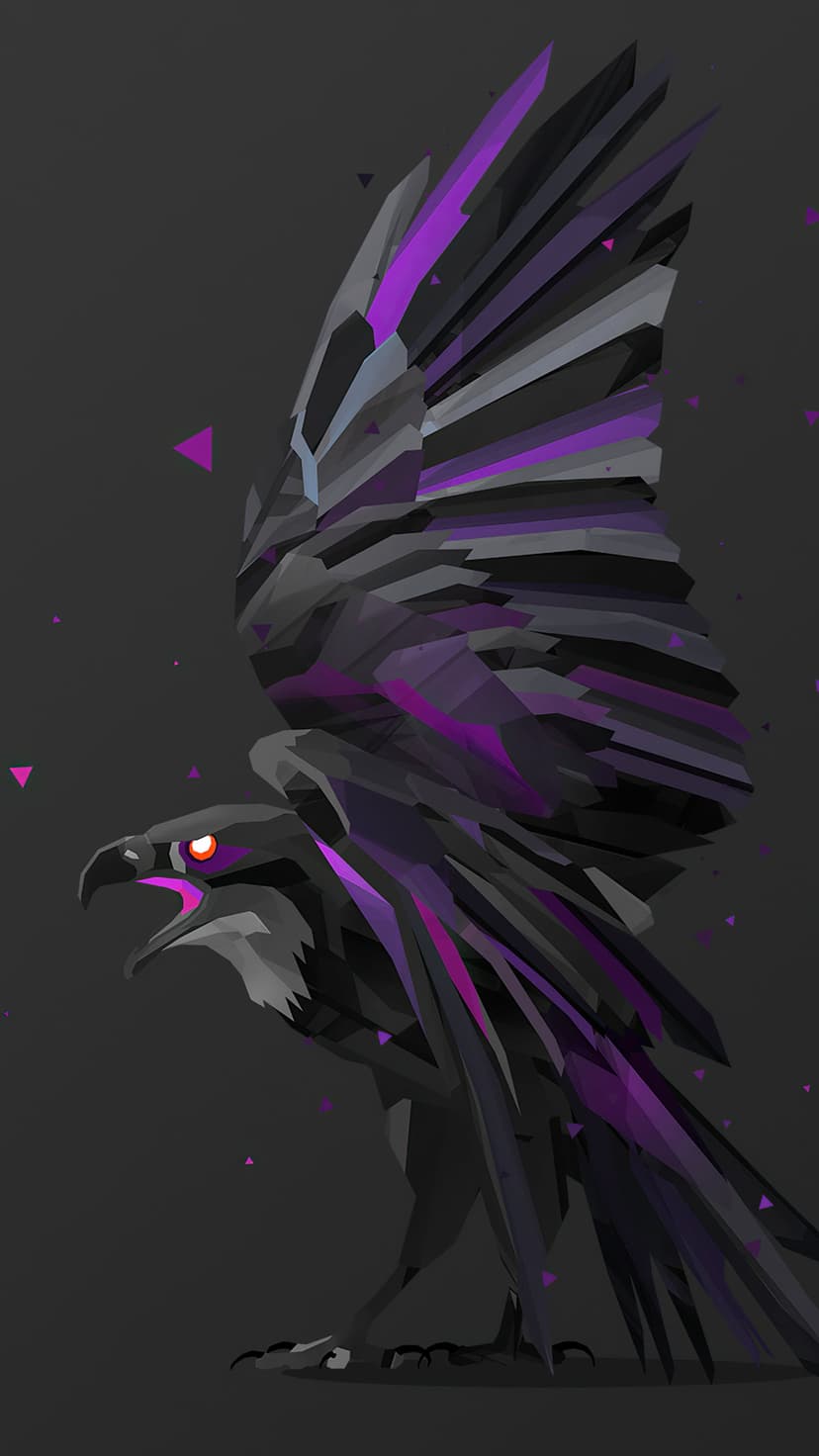 Angular eagle with violet wing accents and glowing eyes centered on a dark gray minimalist backdrop.