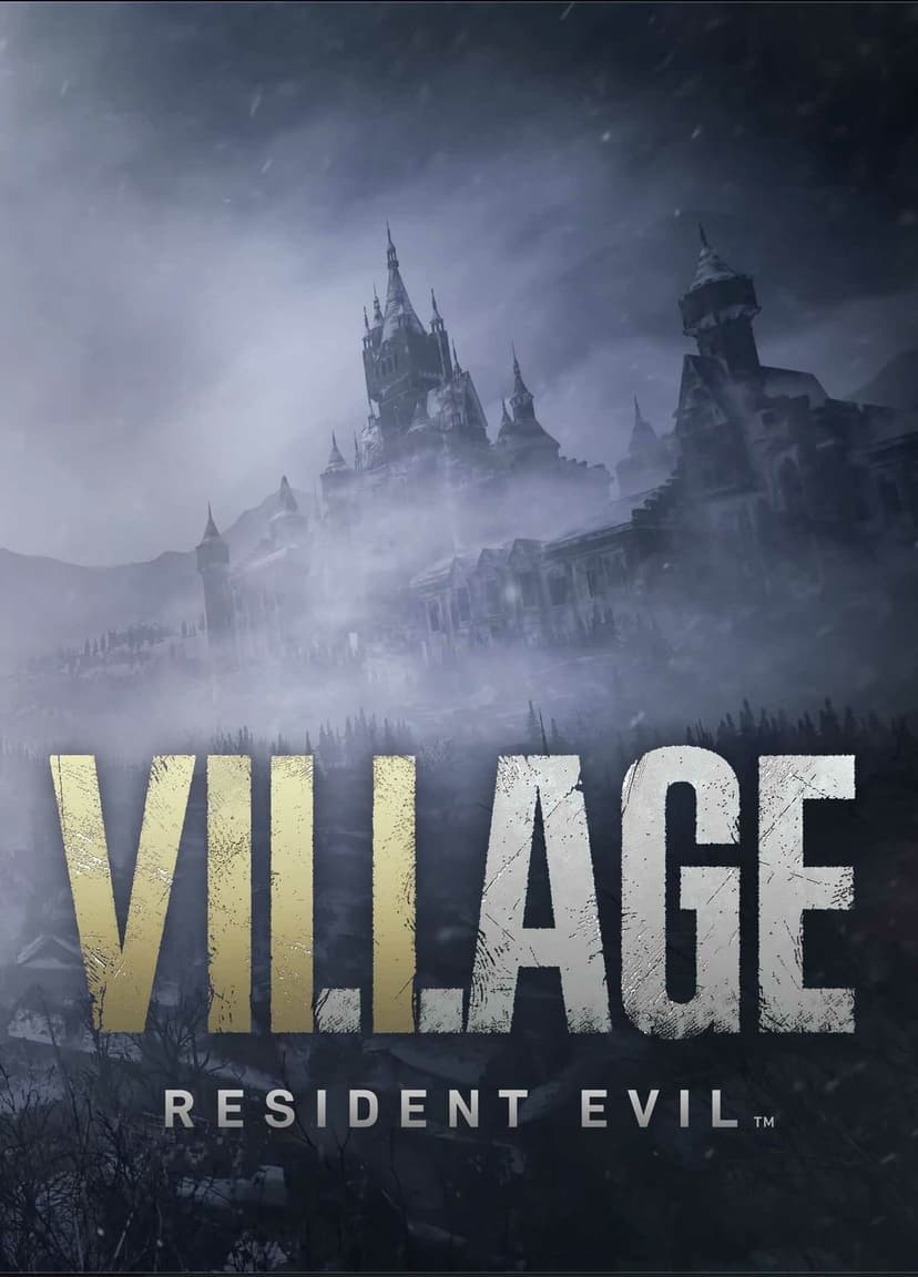 Gothic castle Dimitrescu on a snowy peak hidden by thick fog behind Resident Evil Village title text.