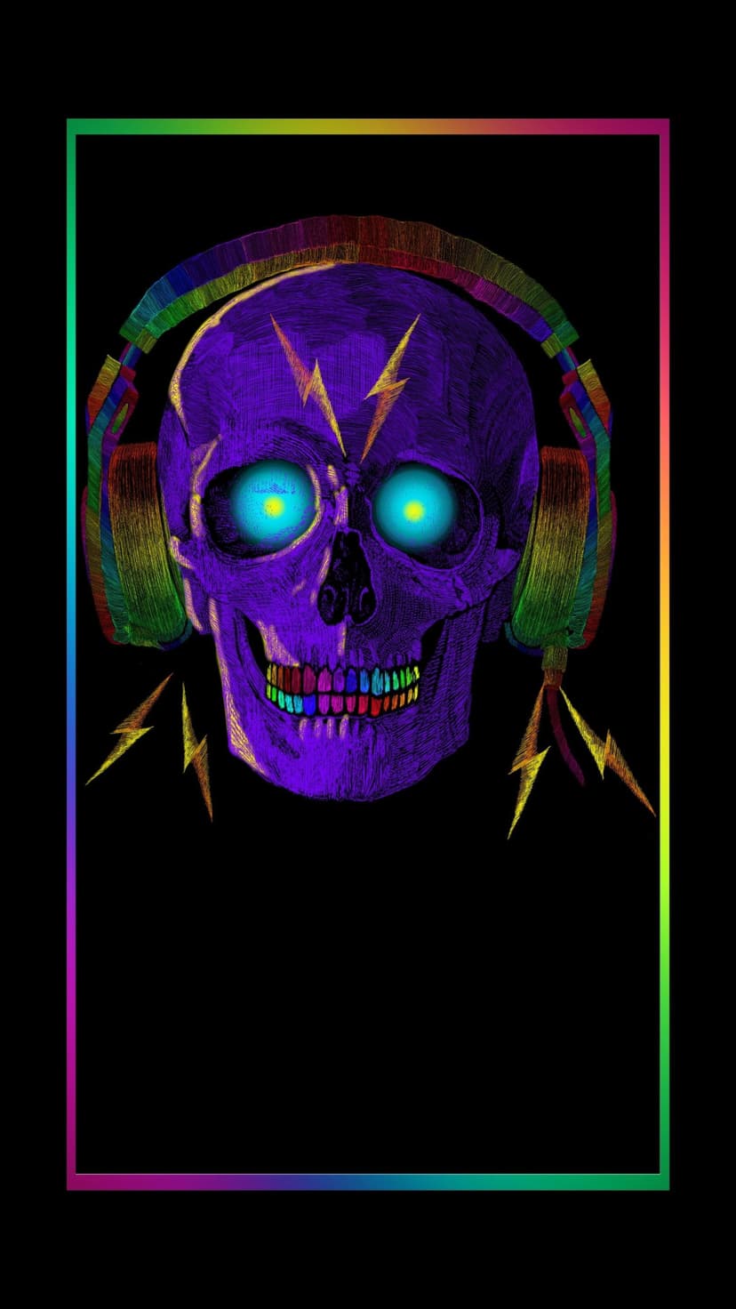 Purple skull with glowing cyan eyes and rainbow headphones features yellow lightning bolts inside an RGB frame.