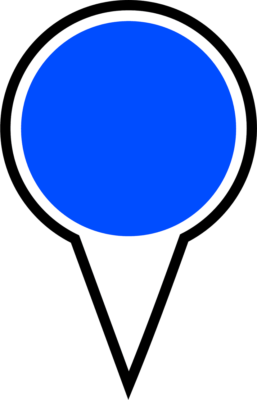 Blue location pin icon features a circular center and white outline against a transparent background for maps.