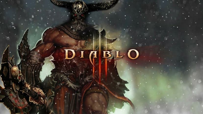 Muscular barbarian warrior with horned helmet and runic axe standing in a snowstorm with Diablo III logo.