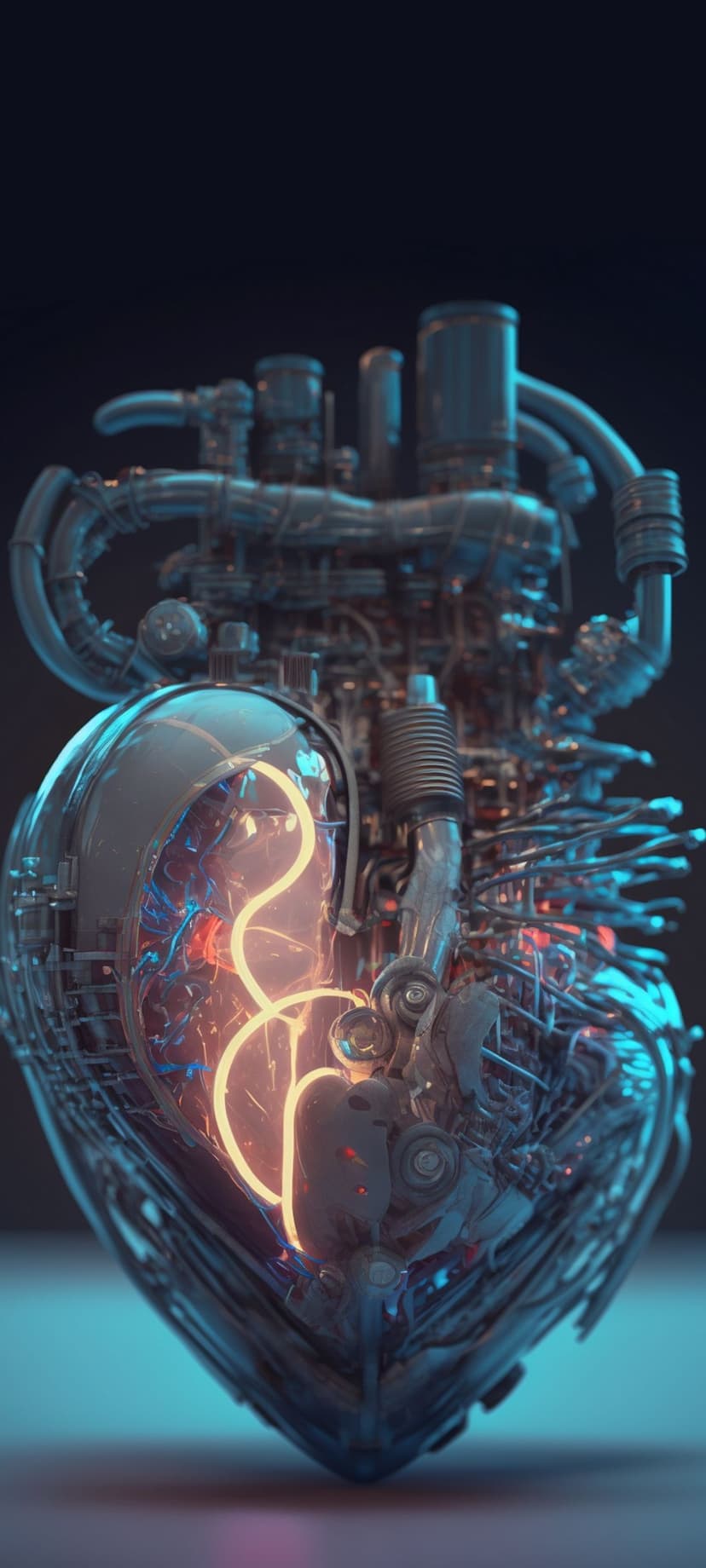 Mechanical heart with visible gears and wires glows with orange neon and blue lights in a dark room.
