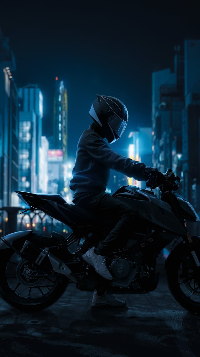 Motorcyclist in silhouette riding on a dark urban street with glowing neon skyscrapers in a futuristic city night.
