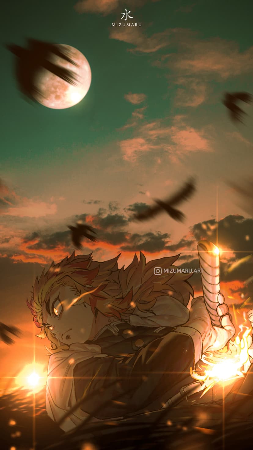 Kyojuro Rengoku with fiery hair stands before a glowing orange sunrise with flying crows and a pale moon.