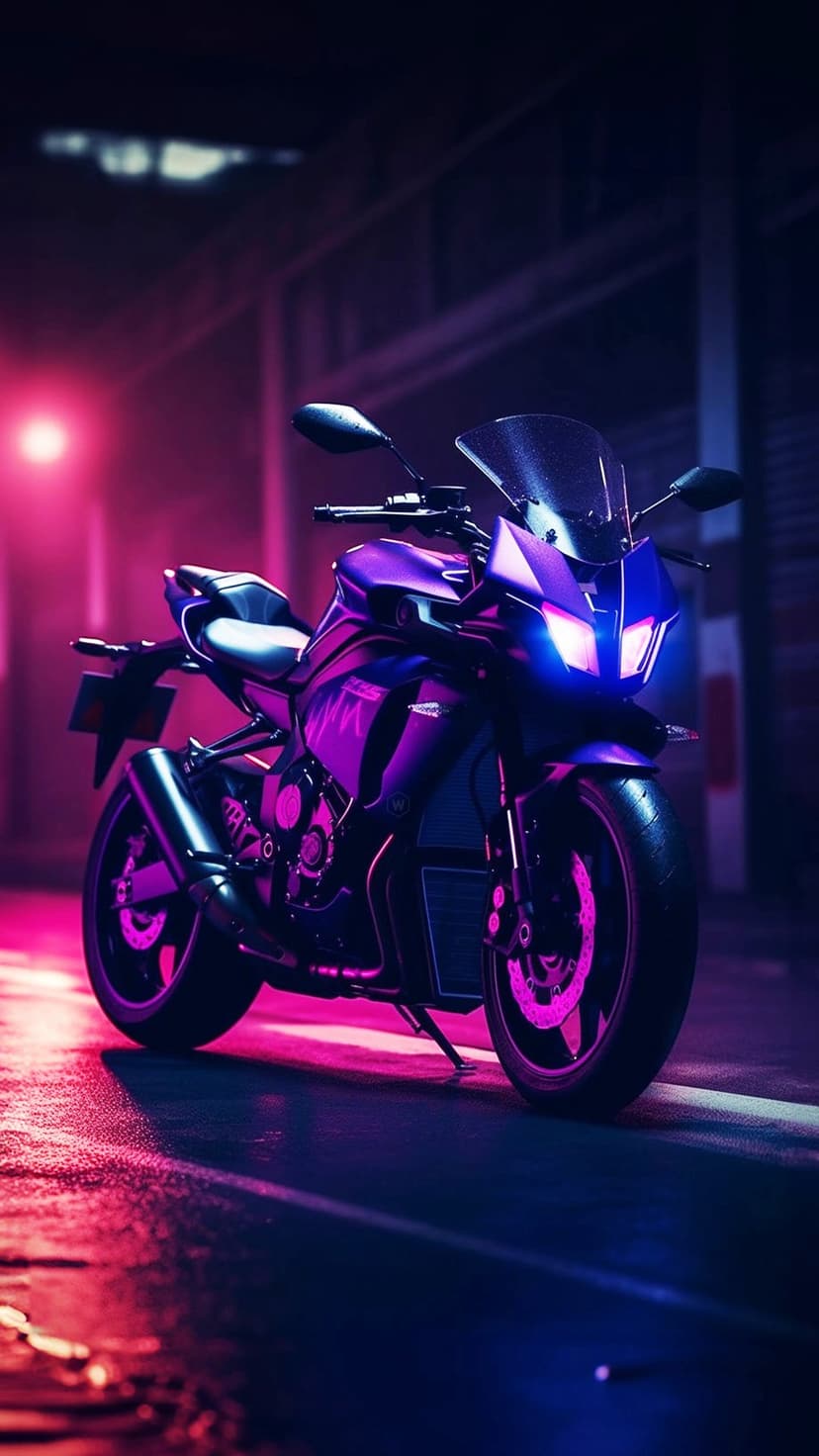 Purple futuristic motorcycle parked on a wet city street reflecting pink and blue neon lights at night.