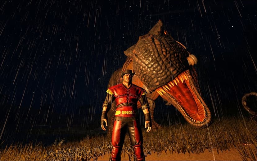 A man in red armor and a cowboy hat stands before a massive Giganotosaurus in the rain during a dark night.
