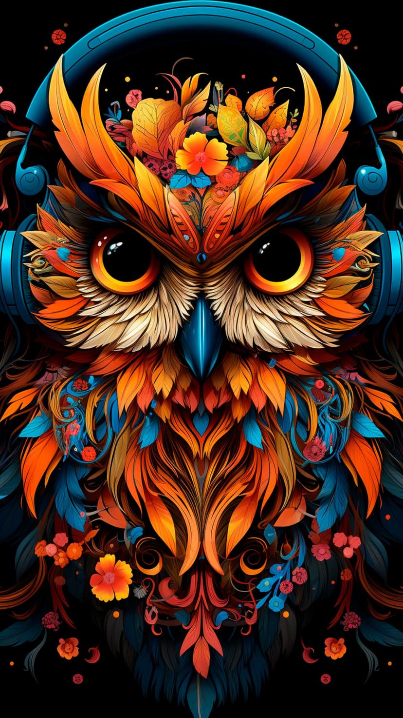 Owl wearing blue headphones with orange feathers and floral accents against a dark, minimalist background.