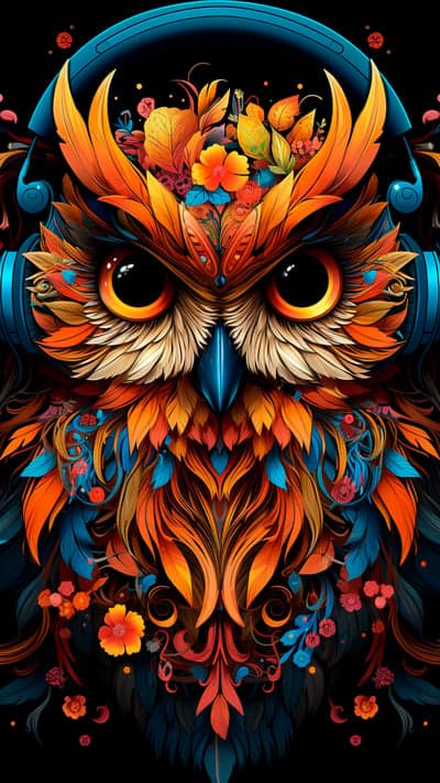Vibrant Owl with Headphones and Floral Embellishments