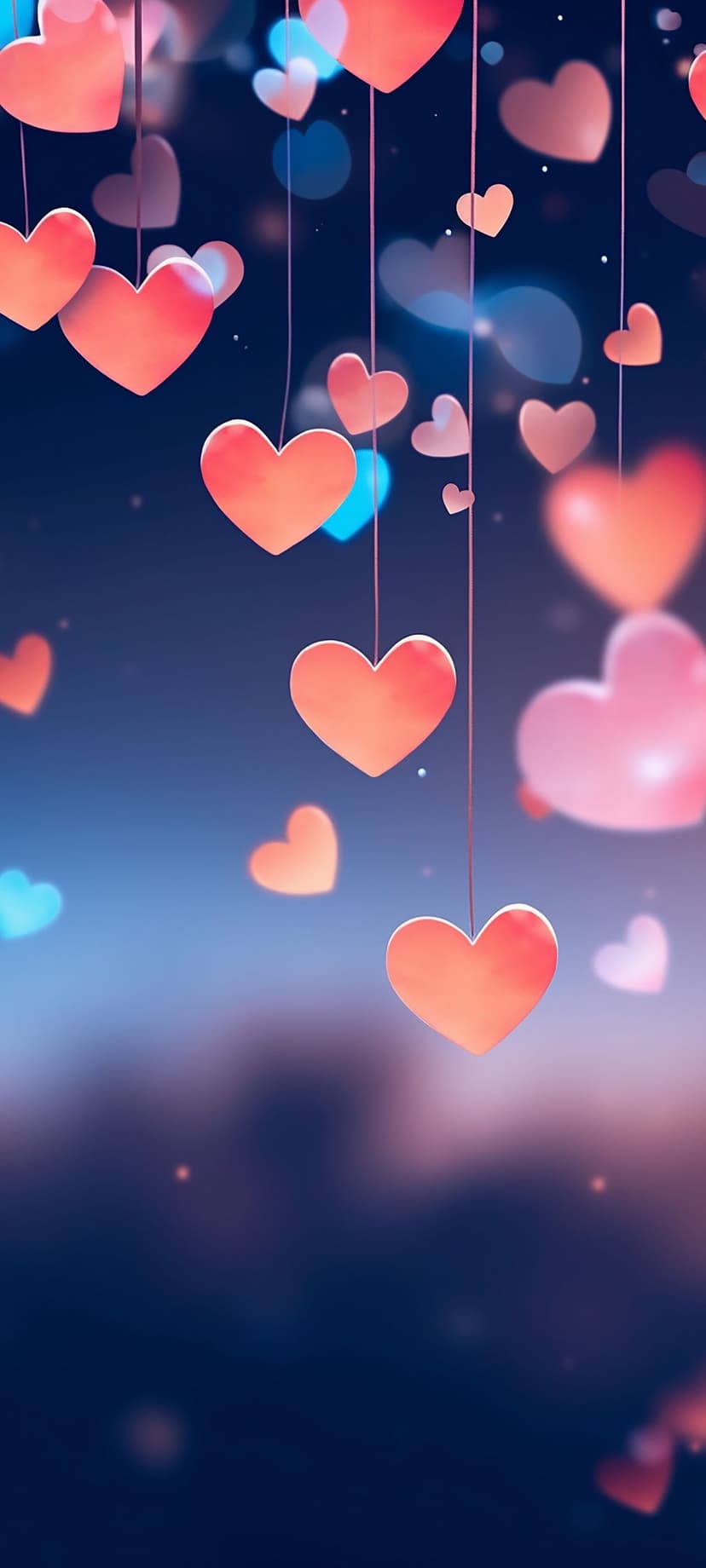 Pastel hearts on strings hang against a deep blue background with glowing bokeh lights and soft orange sparkles.