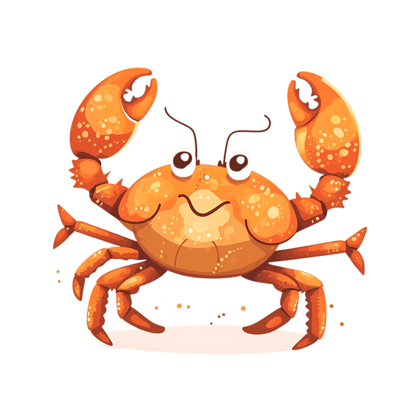 Orange crab illustration featuring large front claws and a smiling face against a transparent background.