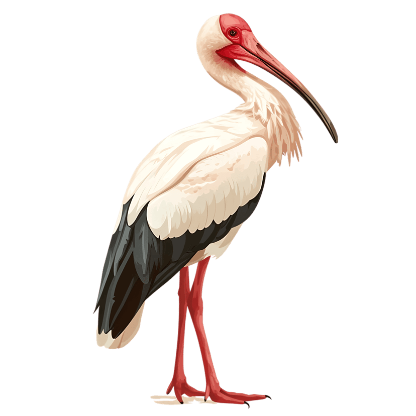White ibis bird illustration with a long red curved beak and white feathers standing on a black background.