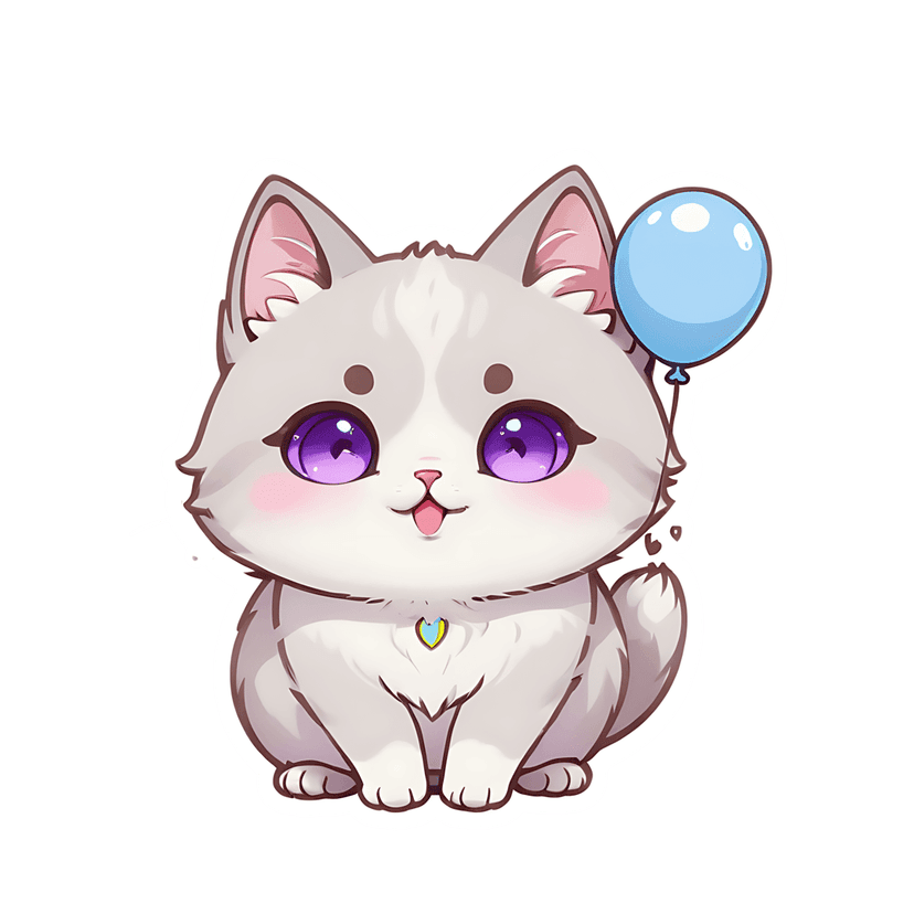 Kitten sticker with white fur and grey patches sits front-facing while holding a blue balloon string.