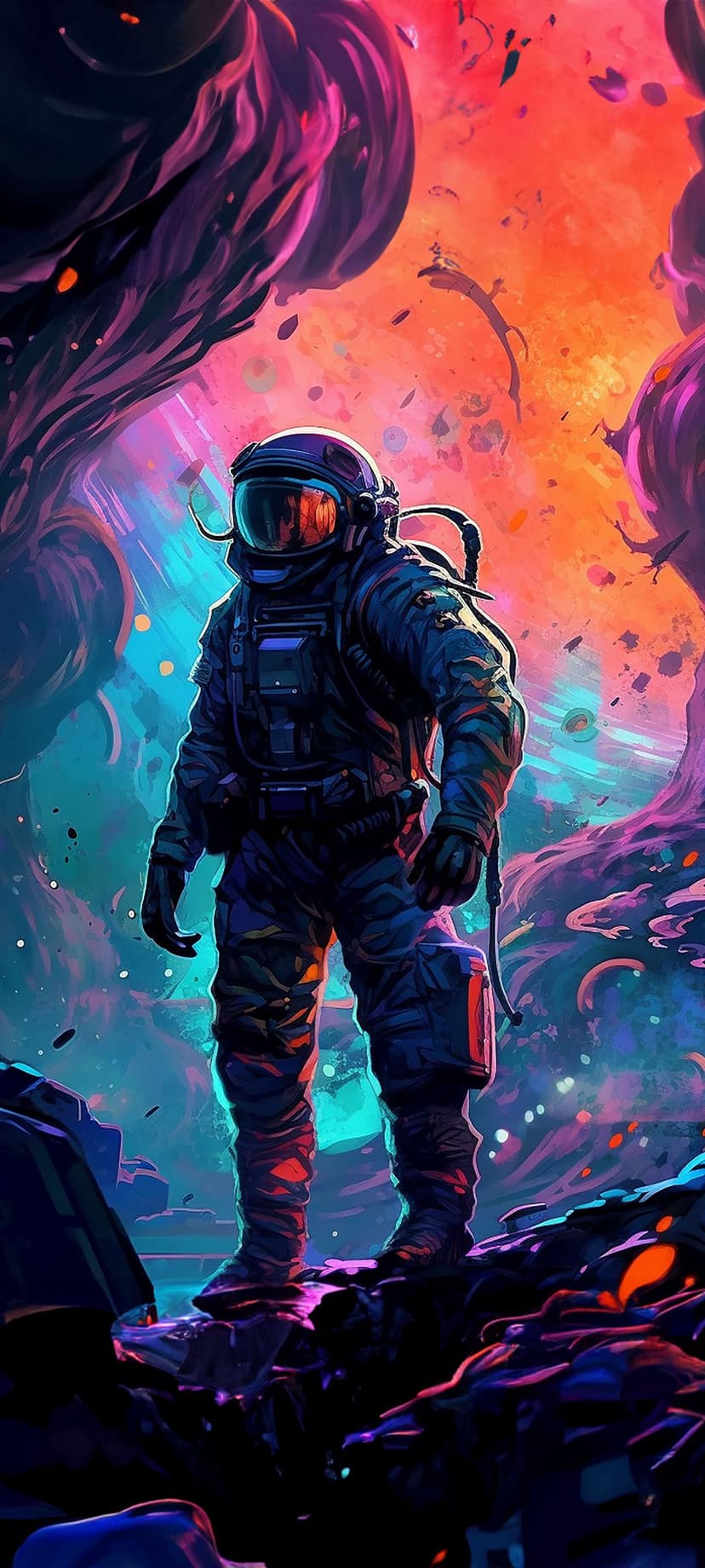 Astronaut in a white suit stands on a rocky ledge before a swirling pink and orange nebula in deep space.