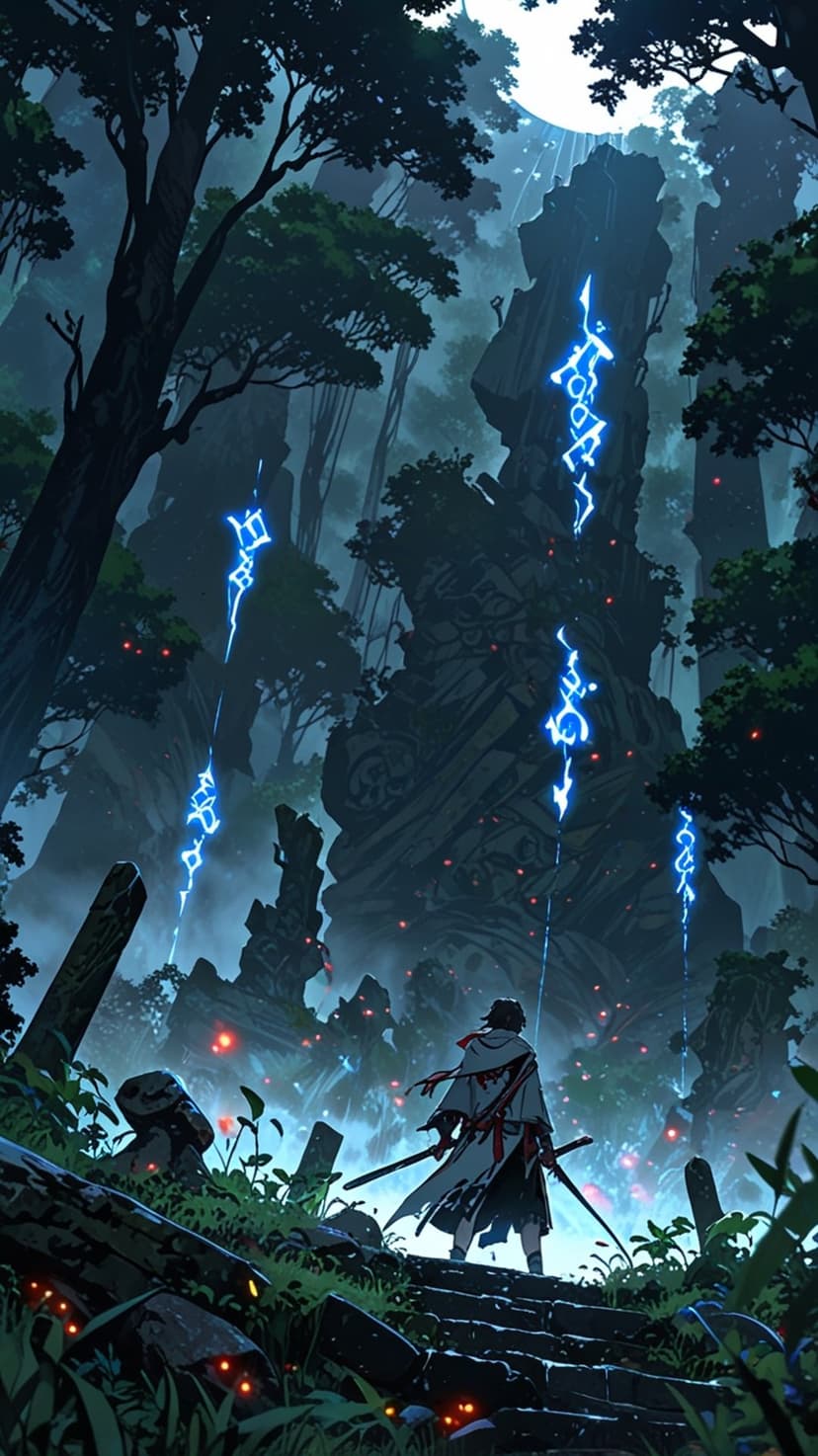 A lone dual-wielding warrior stands on stone stairs facing glowing blue runes in a dark moonlit forest scene.