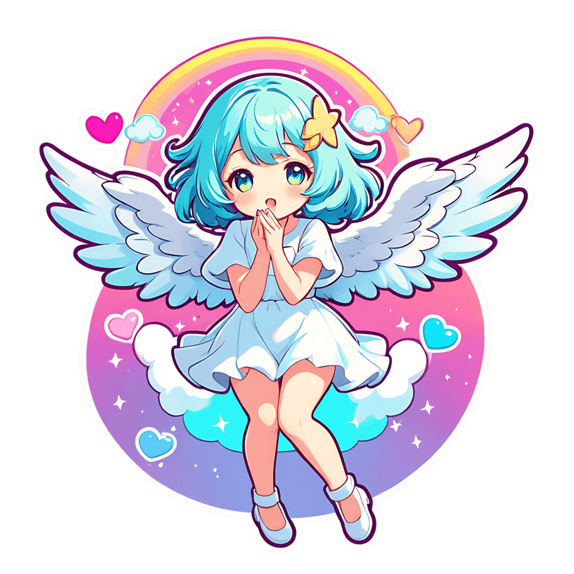 Chibi angel with blue hair sits on clouds under a rainbow with pink hearts and sparkling stars in background.