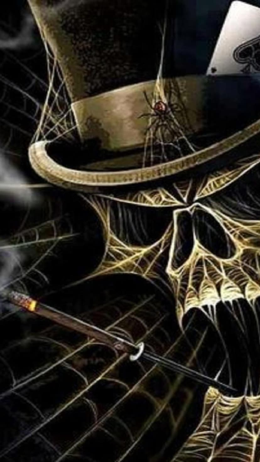 Human skull in a top hat featuring gold spiderwebs, a dagger, cigar, and an ace of spades playing card.