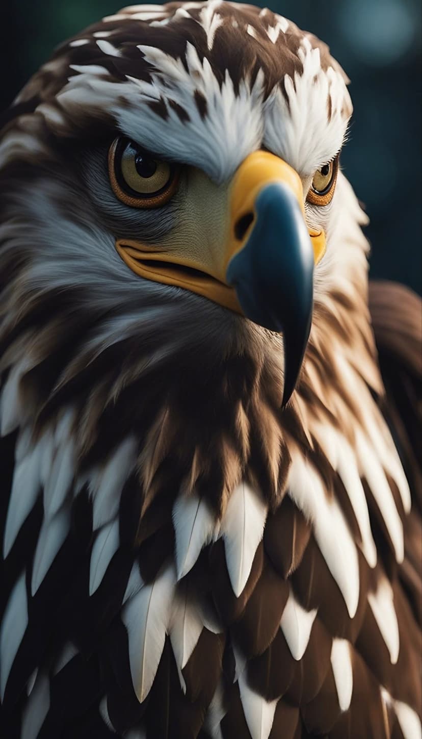 Golden eagle with a sharp hooked beak and intense amber eyes stares forward against a blurred green background.
