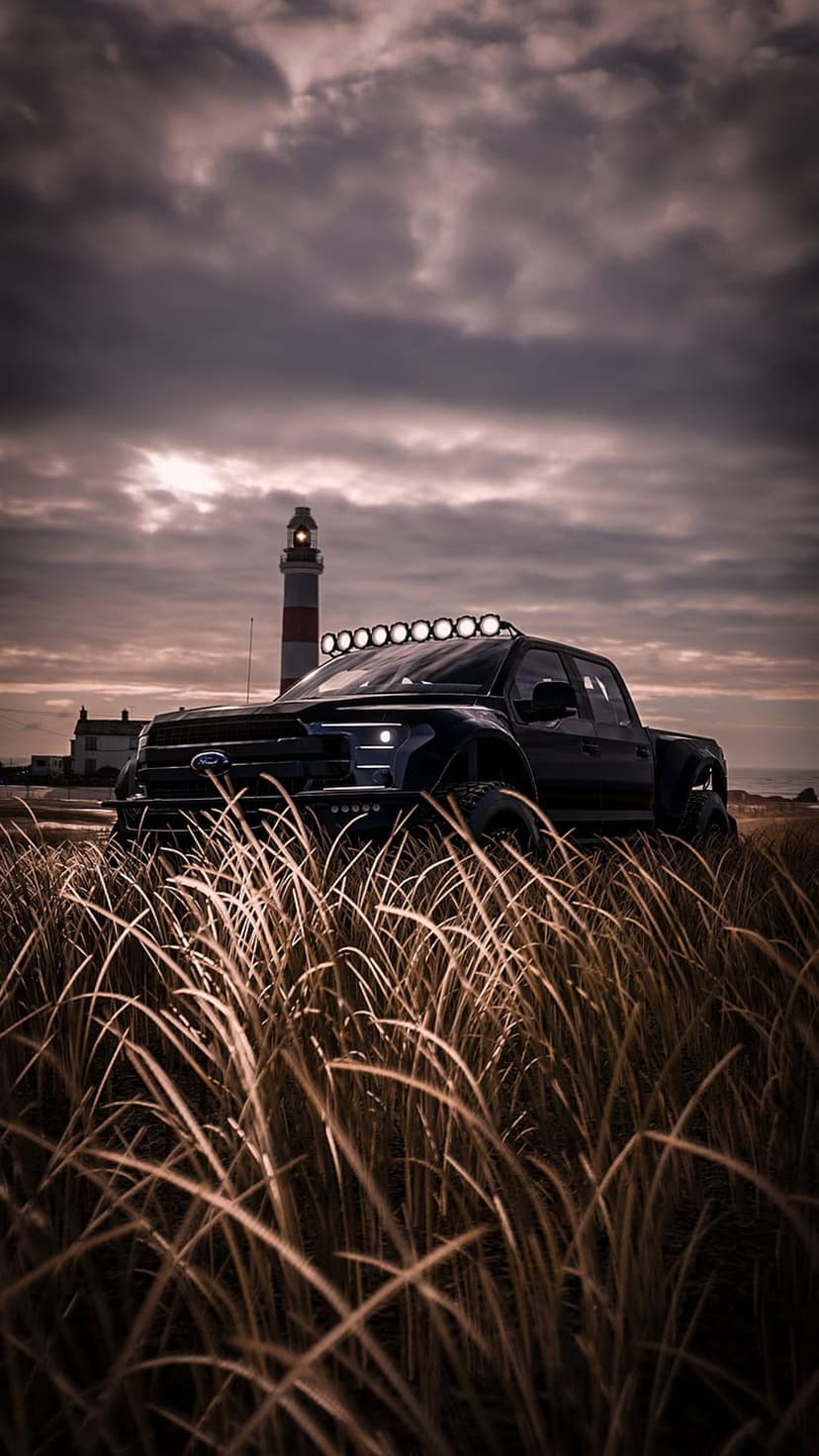 Black Ford Raptor pickup in tall golden grass near a red and white lighthouse under a dark, stormy dusk sky.