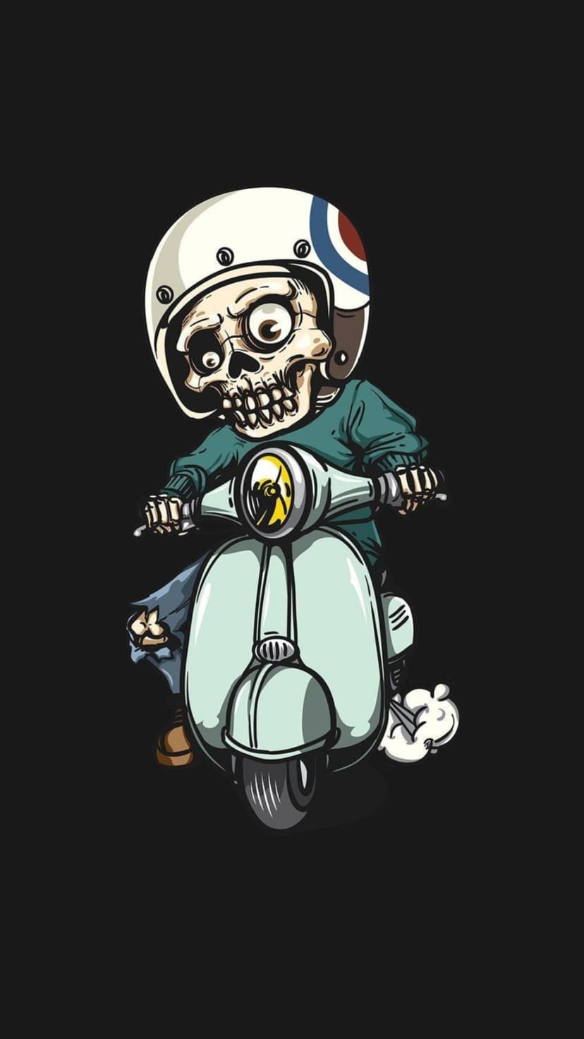 Skeleton wearing a teal sweater and retro helmet rides a light blue scooter against a dark background with smoke.