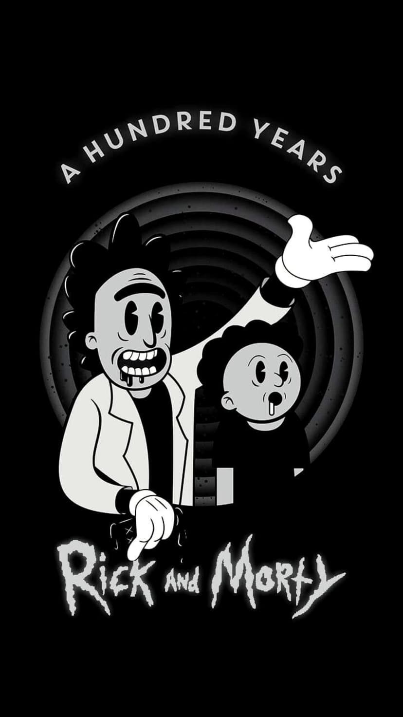 Rick Sanchez and Morty Smith in black and white 1930s animation style with high-contrast hand-drawn lines.