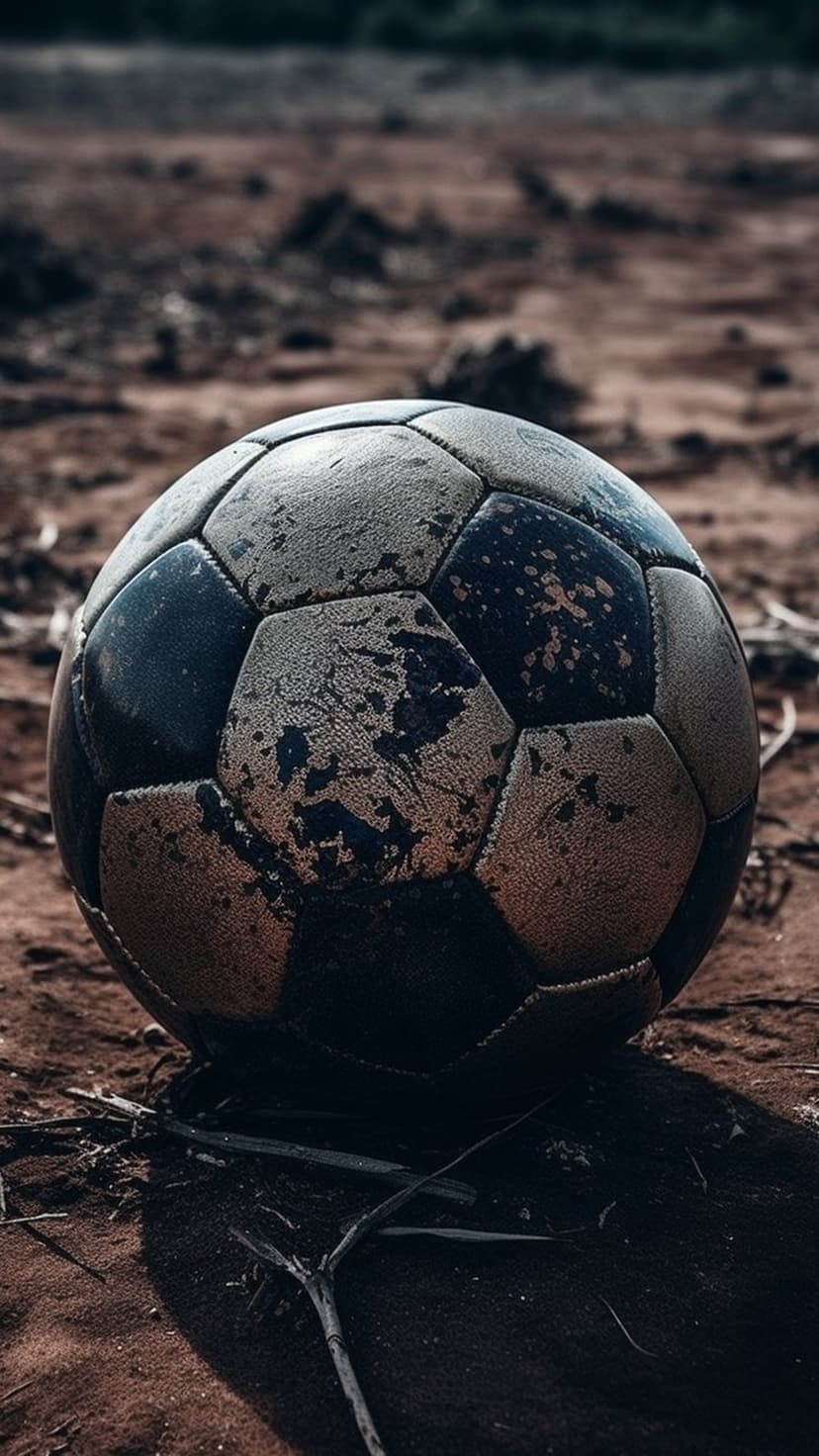 Scuffed soccer ball with hexagonal panels rests on dry, dusty ground under soft natural outdoor lighting.