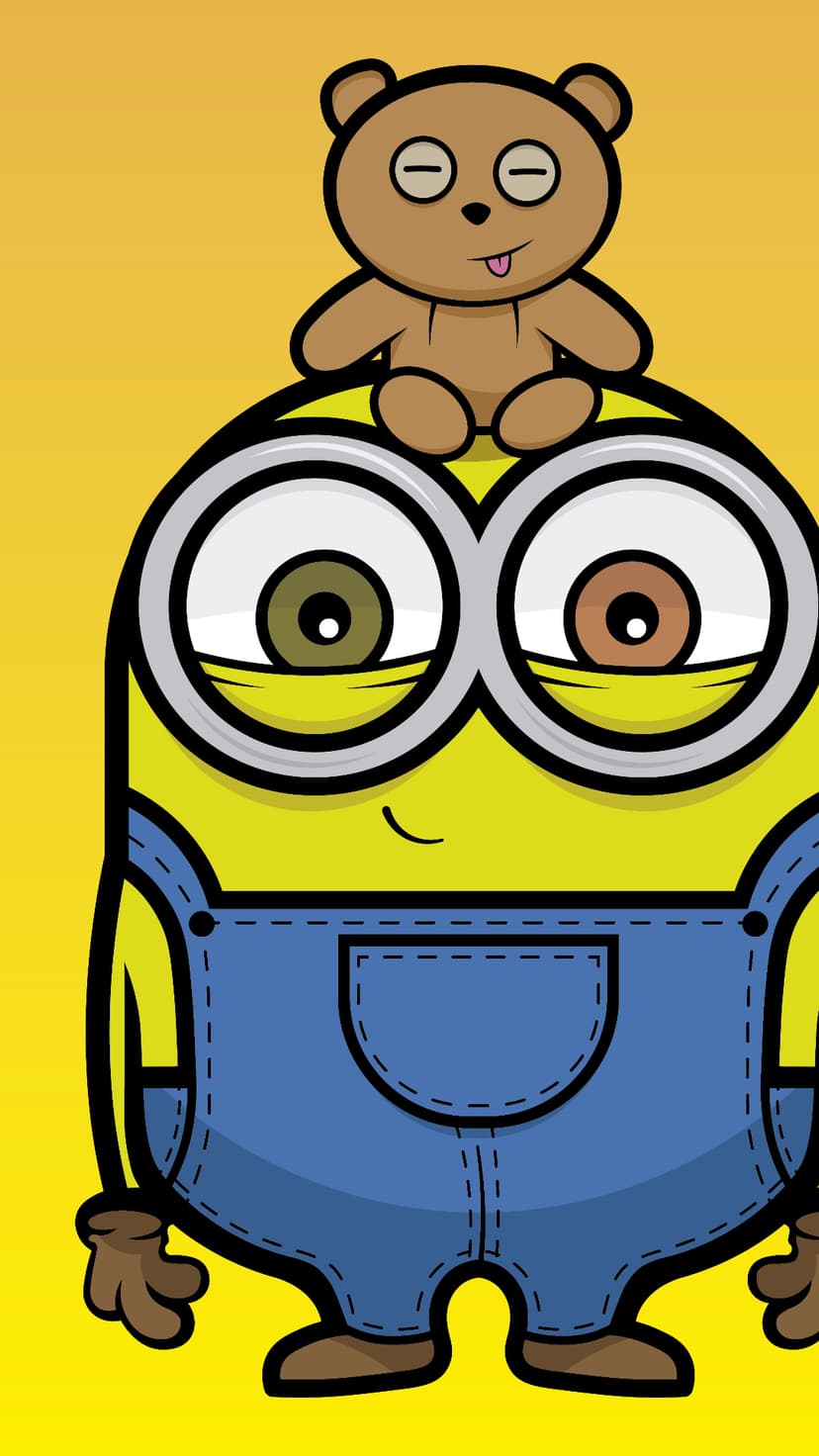 Minion character in blue overalls with a small brown teddy bear on its head against a solid yellow background.