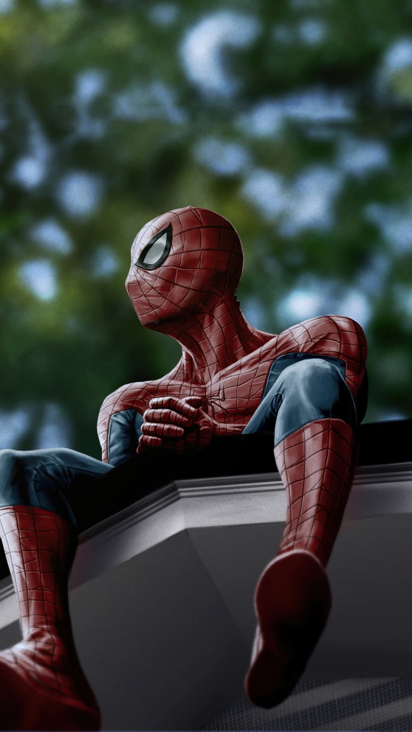 Spider-Man sits on a stone ledge with hands clasped, wearing a textured red and blue suit against green foliage.